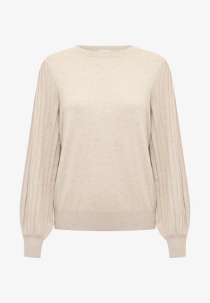 Lichtbeige trui met een ronde halslijn, geribbelde details op de mouwen en een gladde stofstructuur. Zacht gebreid materiaal, ontspannen pasvorm.
