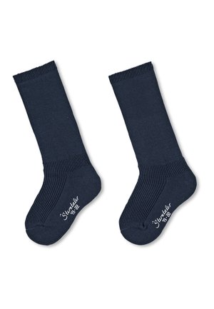Pair of navy blue knee-high socks with ribbed texture and white "Sterntaler 19-22" text on the soles against a white background.