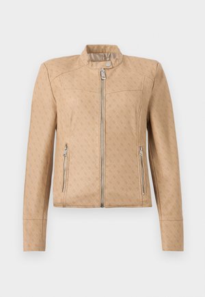 Veste beige matelassée avec motif losange embossé, fermeture éclair frontale, col à pression et deux poches verticales zippées.