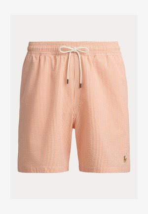 Πορτοκαλί και λευκό ριγέ μαγιό βερμούδα με ελαστική μέση, κορδόνι για σφίξιμο και μικρό κεντημένο λογότυπο στο κάτω αριστερό μέρος.