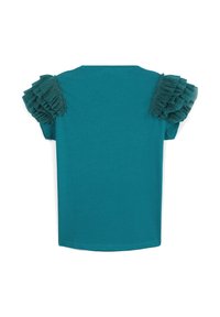 T-shirt in cotone teal con maniche corte, caratterizzato da dettagli arricciati sulle spalle, scollo rotondo e vestibilità comoda. Tessuto liscio.