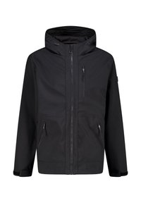 Black waterproof jacket with adjustable hood, zipper front, two side pockets, and one chest pocket. Smooth texture and minimalistic design.