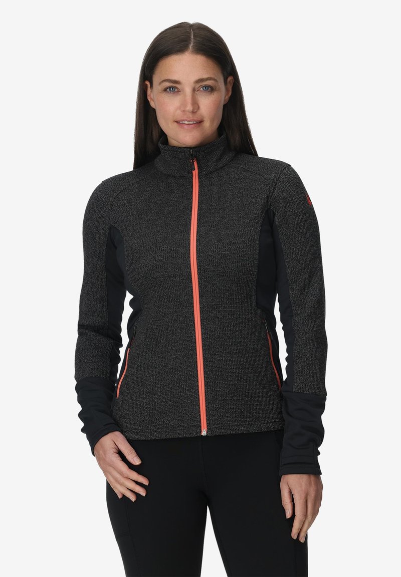 Schwarze und graue Zip-Jacke aus strukturiertem Material mit kontrastierendem orangefarbenem Reißverschluss und taillierter Passform. Merkmale sind der hohe Kragen und lange Ärmel.