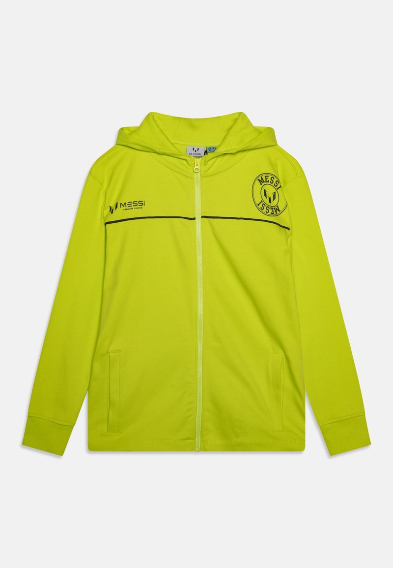 Haut de sweat zippé jaune-vert vif avec capuche, deux poches avant et logos noirs "MESSi" sur la poitrine et la manche gauche.