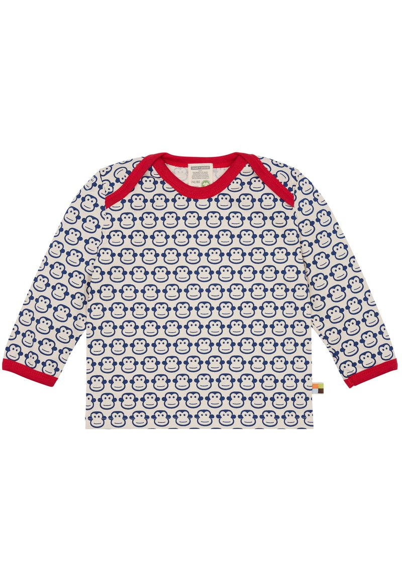 Camicia a maniche lunghe realizzata in tessuto morbido, con una base bianca decorata da motivi di scimmie blu e dettagli rossi sul colletto e sulle maniche.