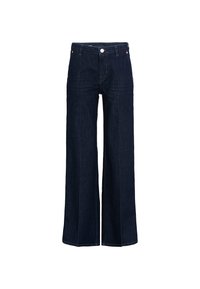 Jean en denim à jambes larges, de couleur bleu foncé. Fabriqué en coton avec une finition texturée. Doté d'une fermeture à bouton et d'un design classique à cinq poches.