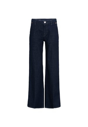 Wide-leg denim jeans in dark blue. Made of cotton with a textured finish. Features a button closure and classic five-pocket design.