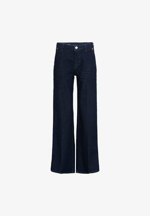 Wide-leg denim jeans in dark blue. Made of cotton with a textured finish. Features a button closure and classic five-pocket design.