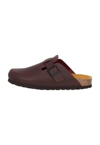 Zoccolo bordeaux realizzato in materiale sintetico liscio, dotato di una sola cinghia regolabile, soletta in sughero e suola in gomma.