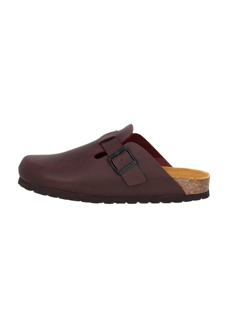Zoccolo bordeaux realizzato in materiale sintetico liscio, dotato di una sola cinghia regolabile, soletta in sughero e suola in gomma.