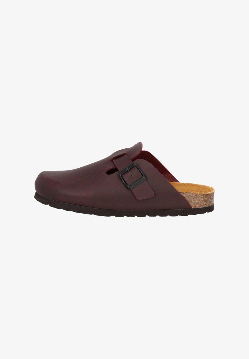 Sabot bourgogne en matériau synthétique lisse, avec une seule sangle réglable, un pied en liège et une semelle en caoutchouc.