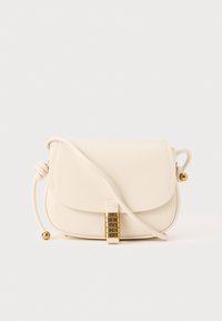 Cream leather crossbody bag with a flap closure, round hardware, and a decorative gold accent with "PINKO" inscription.