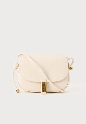 Cream leather crossbody bag with a flap closure, round hardware, and a decorative gold accent with "PINKO" inscription.