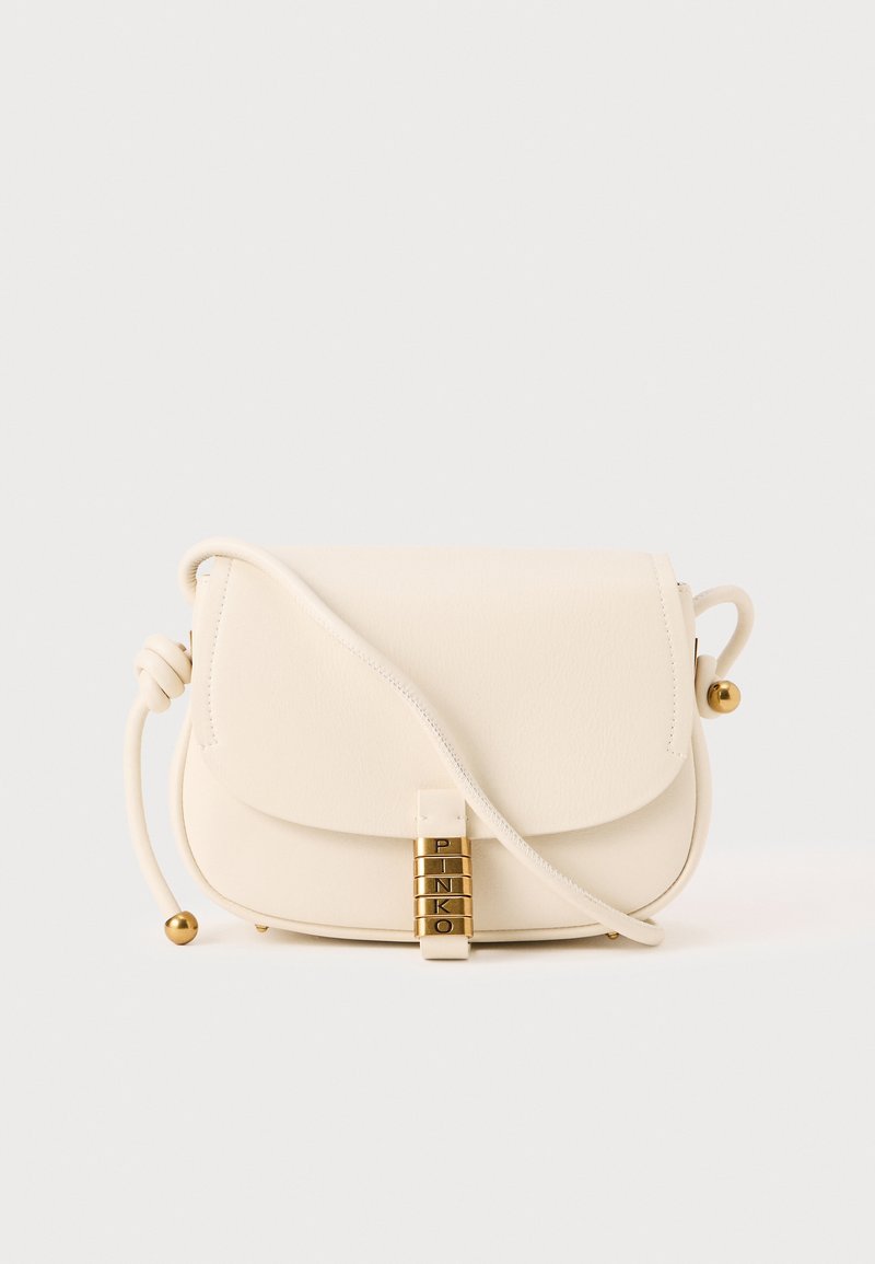 Cream leather crossbody bag with a flap closure, round hardware, and a decorative gold accent with "PINKO" inscription.