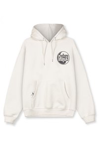 Sudadera blanca hecha de tela suave, con un bolsillo frontal, capucha con cordón y un logo negro circular con el texto "GRIMEY."