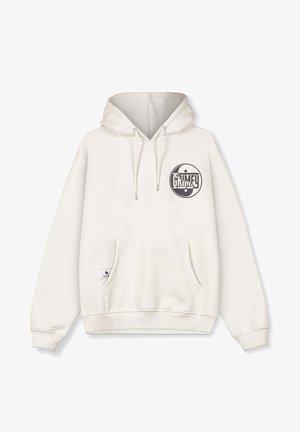 Biała bluza z kapturem, uszyta z miękkiego materiału, z kieszenią z przodu, regulowanym kapturem i okrągłym czarnym logo z napisem "GRIMEY."