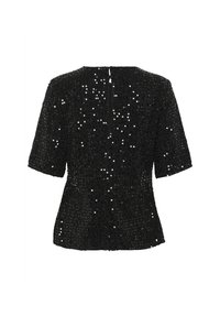 Top nero a maniche corte ricoperto di paillettes lucide, con un sottile peplum e una piccola apertura a chiave sul retro.