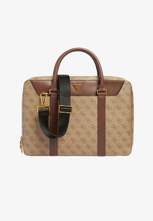 Brun og beige mønstret laptop taske med læderdetaljer, to håndtag og en justerbar sort rem. Har et guld logo og lynlås lukning.
