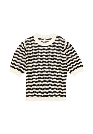Zwart-wit gebreide trui met zigzagpatroon, korte mouwen en een ronde halslijn. Gemaakt van een gestructureerde stof met geribbelde randen.