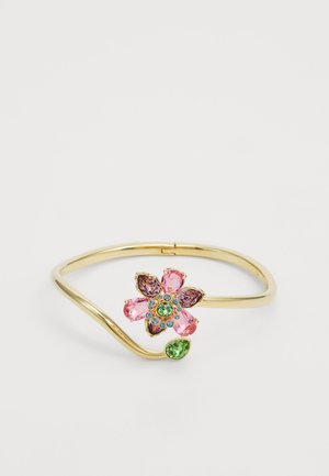 Kuldsinine käevõru lillemustriga, millel on roosa, roheline ja sinine kivike. Sile metalline viimistlus, avatud otsaga ja kumer kuju.