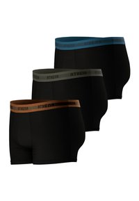 Boxers noirs avec des tailles élastiques en bleu, vert et orange, arborant le nom de la marque "ATHENA" sur chaque taille.
