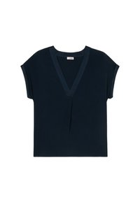 Blouse bleu marine à manches courtes, avec un décolleté en V et de subtils plis à l'avant. Design simple et élégant.