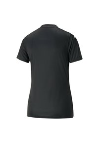 T-shirt de sport noir à manches courtes avec un col rond, texture lisse et détail de logo sur l'épaule gauche.