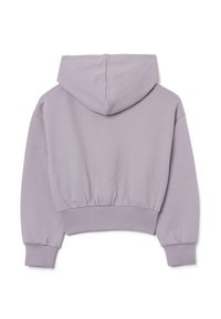 Sudadera corta de color lavanda claro, hecha de algodón suave, con capucha con cordón, puños acanalados y un dobladillo fruncido para un ajuste ceñido.