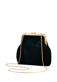 Velvet clutch bag in dark green with a gold-tone metal frame and a long, thin chain strap. Smooth texture with a rounded shape.