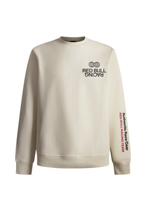 Cremefarvet sweatshirt med ribbet rund hals. Har teksten "RED BULL RACING" og "Authentic Race Gear" trykt i sort og rød.