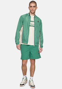 Vihreä pommitakki, jossa on valkoisia ja punaisia yksityiskohtia, beigellä graafisella t-paidalla, vihreilläShortseilla ja urheilukengillä, joissa on mustia ja valkoisia yksityiskohtia.