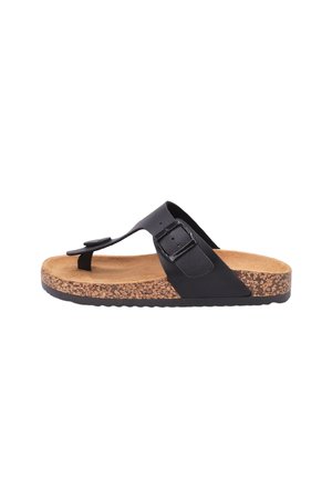 Sandalo nero in pelle con cinturino regolabile con fibbia, sottopiede in sughero e suola esterna in gomma testurizzata, mostrato di profilo.