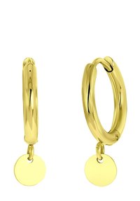 Boucles d'oreilles créoles dorées avec une finition polie et un détail en pendentif circulaire. Présentent une forme lisse et arrondie avec un fermoir sécurisé.