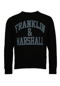 Sweatshirt noir à col rond, avec le texte bleu clair "FRANKLIN & MARSHALL" en lettres épaisses sur le devant. Manches et ourlet côtelés.