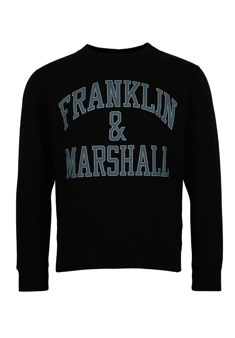 Sweatshirt noir à col rond, avec le texte bleu clair "FRANKLIN & MARSHALL" en lettres épaisses sur le devant. Manches et ourlet côtelés.