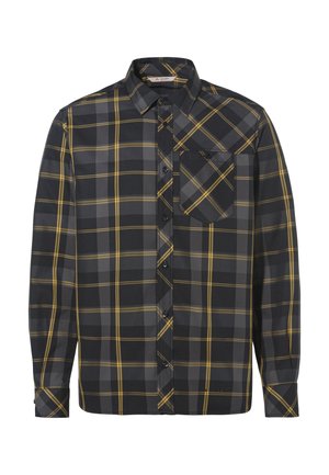 Schwarz-weiß kariertes Hemd mit gelben Akzenten, langen Ärmeln, Knopfleiste und einer einzelnen Brusttasche. Hergestellt aus einem glatten, leichten Stoff.