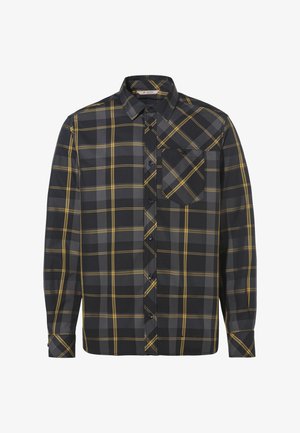 Schwarz-weiß kariertes Hemd mit gelben Akzenten, langen Ärmeln, Knopfleiste und einer einzelnen Brusttasche. Hergestellt aus einem glatten, leichten Stoff.