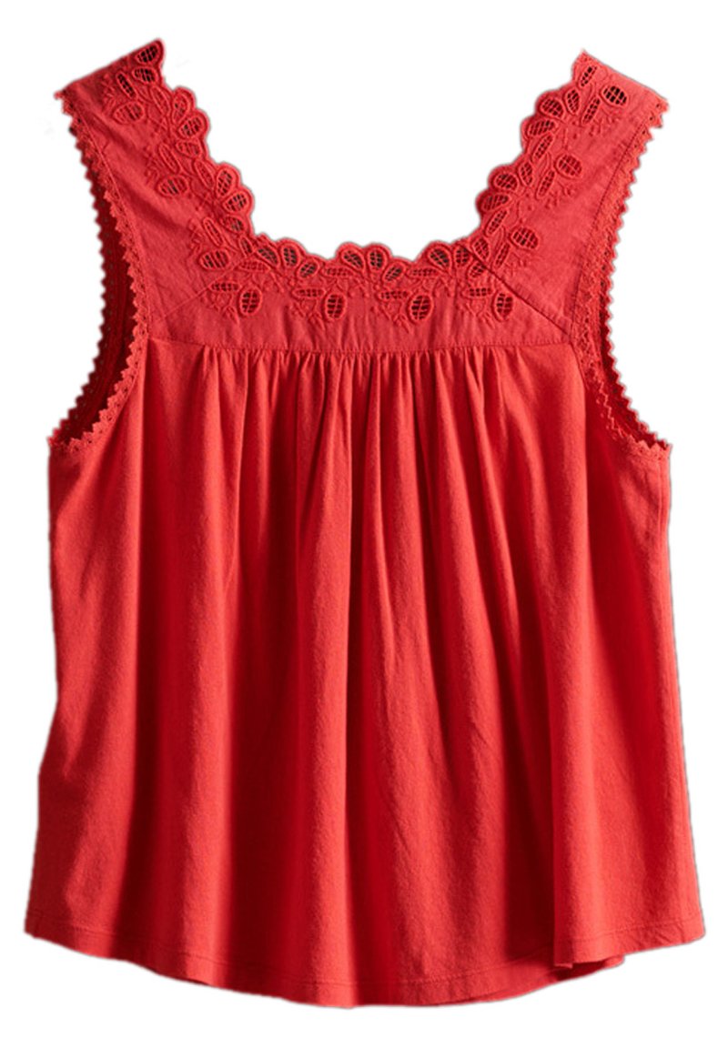 Top senza maniche di colore rosso con bordatura in pizzo floreale attorno al collo a quadrato e tessuto arricciato sotto il petto.