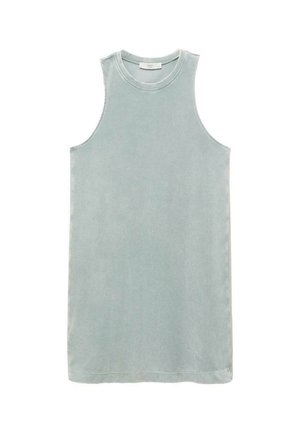 Ärmelloses mintgrünes Kleid aus weichem, glattem Stoff. Mit Rundhalsausschnitt und gerader Silhouette. Keine sichtbaren Muster oder Akzente.