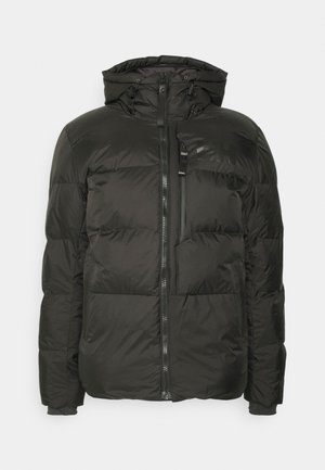 Black puffer jacket made of nylon, featuring a zip front, adjustable hood, elastic cuffs, and a chest pocket with a zip closure.