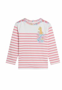 Biała koszula z długim rękawem w różowe paski. Posiada kwiatową kieszeń z motywem żyrafy. Scalloped dekolt i detale z guzikami.