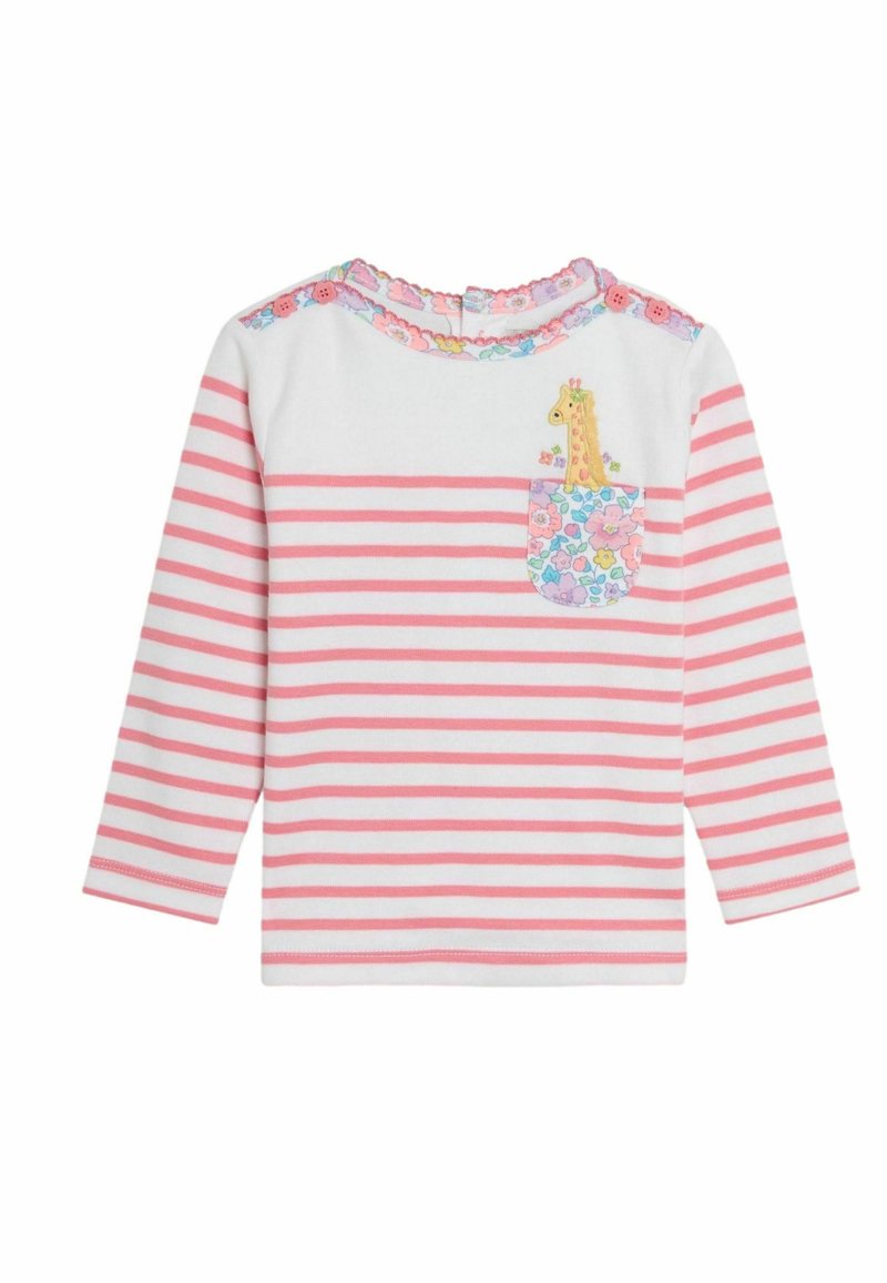 Biała koszula z długim rękawem w różowe paski. Posiada kwiatową kieszeń z motywem żyrafy. Scalloped dekolt i detale z guzikami.