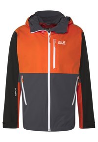 Oranje en grijze waterdichte jas met capuchon, voorzien van ritszakken, contrasterende zwarte mouwen en een logo op de bovenste linkerborst.