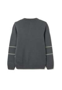 Maglione grigio a maglia con colletto e polsini a coste. Accentuato da due sottili strisce bianche su ciascuna manica, con una vestibilità testurizzata e aderente.