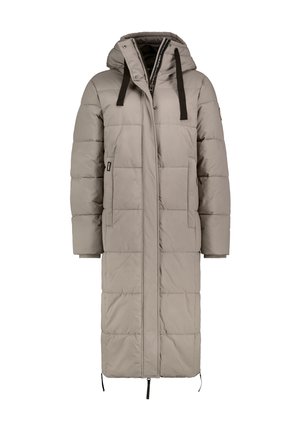 Long, padded coat in light gray, featuring a hood, front zipper, and side pockets. The design includes a quilted pattern and drawstring details.