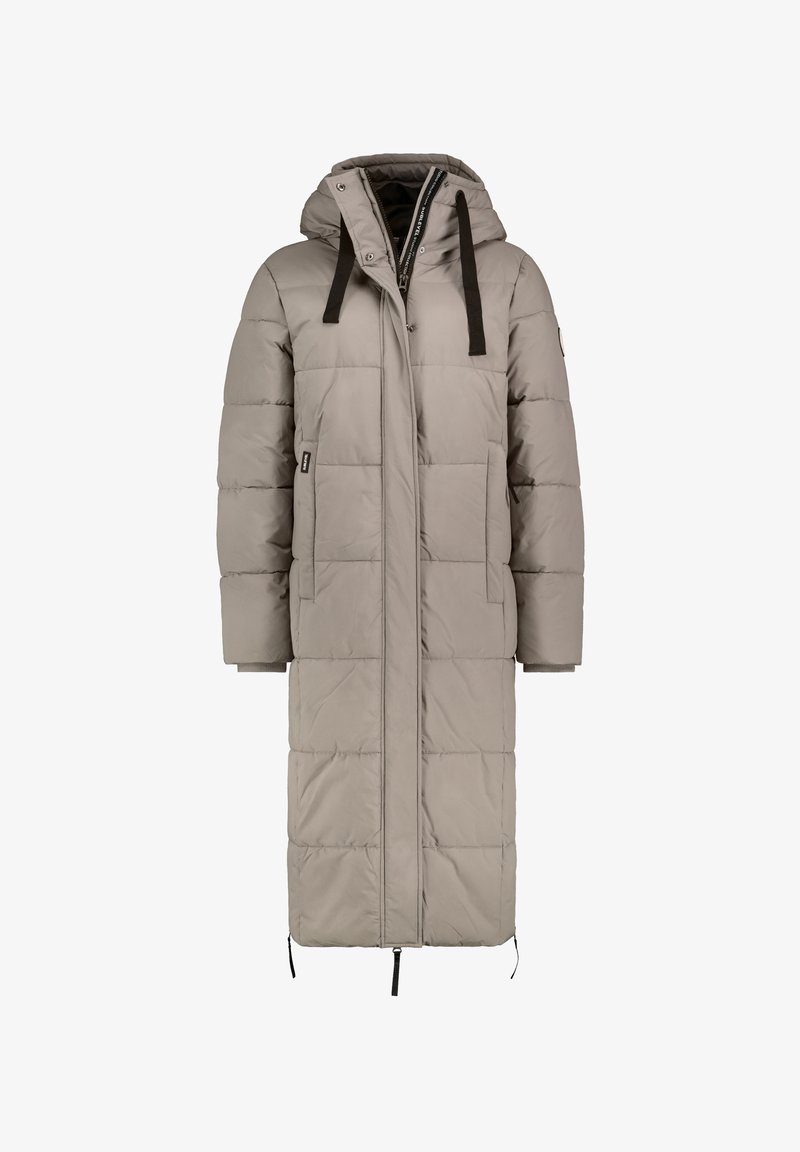 Long, padded coat in light gray, featuring a hood, front zipper, and side pockets. The design includes a quilted pattern and drawstring details.