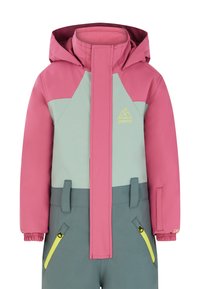 La chaqueta de esquí impermeable y colorida presenta un diseño en rosa y verde claro, con puños elásticos, una capucha y bolsillos laterales con cremallera en acentos amarillos.