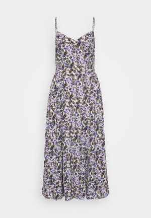 Květinové midi šaty s tenkými ramínky, s V-výstřihem, fialovým, bílým a hnědým květinovým vzorem na světlém pozadí.