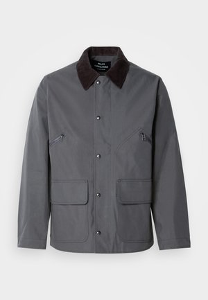 Gray jacket with a corduroy collar, snap buttons, zippered pockets, and patch pockets; features a smooth texture and a classic design.