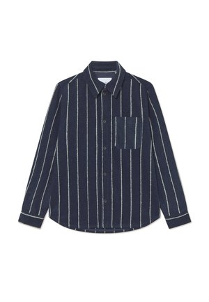 Navy button-up shirt with vertical white stripes, long sleeves, collar, and a left chest pocket. Soft texture with a medium-weight fabric.